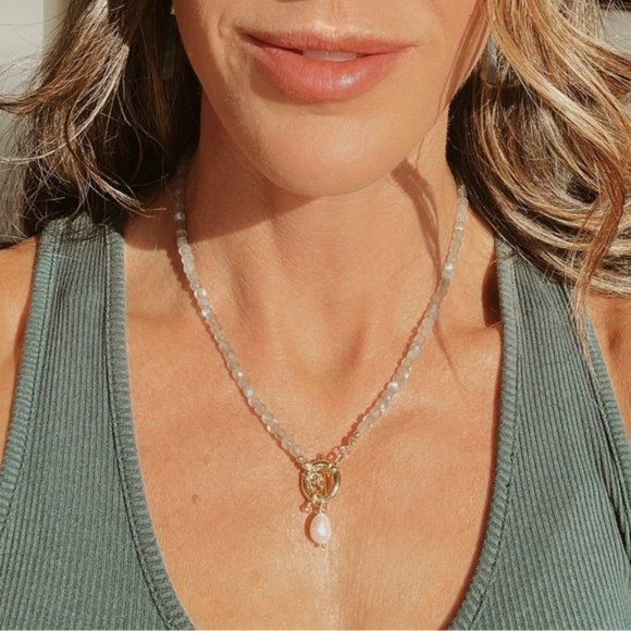 Labradorite Gemstone Necklace Gold Toggle Clasp Removable Pearl Healing jewelry - Picture 1 of 14